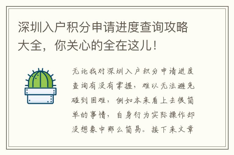 深圳入戶積分申請進度查詢攻略大全，你關(guān)心的全在這兒！