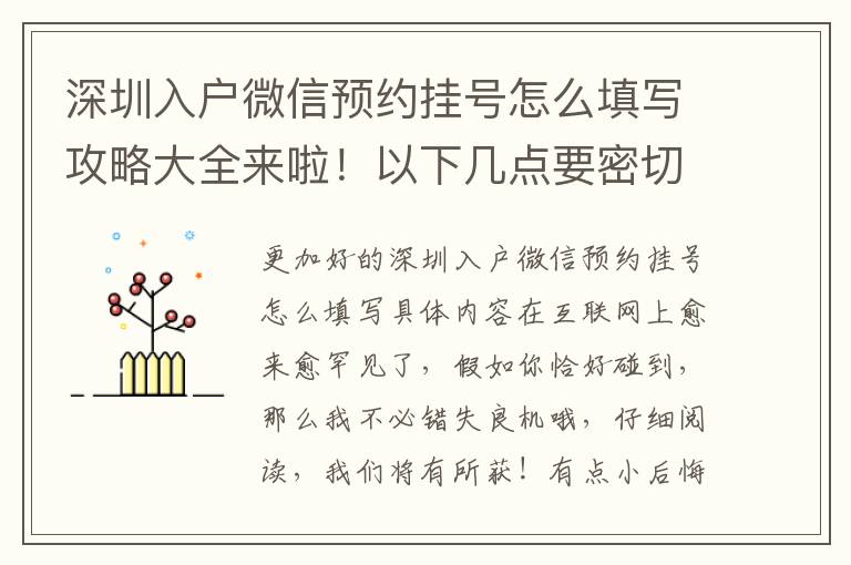 深圳入戶微信預(yù)約掛號怎么填寫攻略大全來啦！以下幾點(diǎn)要密切關(guān)注
