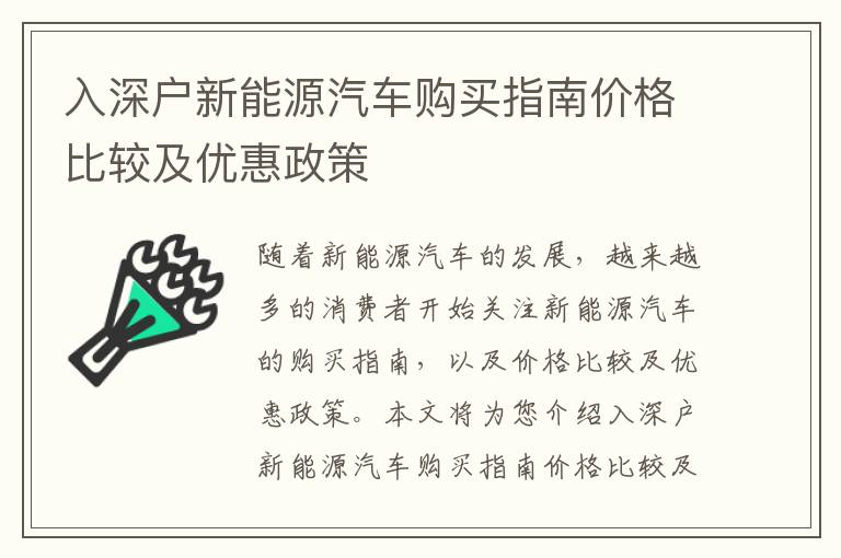入深戶新能源汽車購買指南價(jià)格比較及優(yōu)惠政策