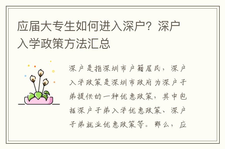 應(yīng)屆大專生如何進入深戶？深戶入學(xué)政策方法匯總