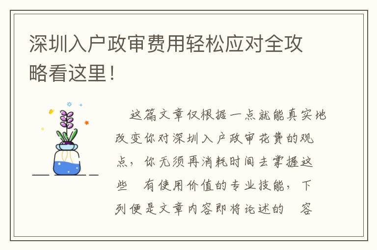 深圳入戶政審費用輕松應(yīng)對全攻略看這里！