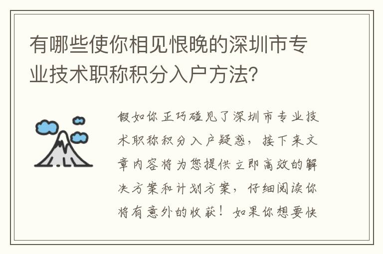 有哪些使你相見恨晚的深圳市專業(yè)技術(shù)職稱積分入戶方法？